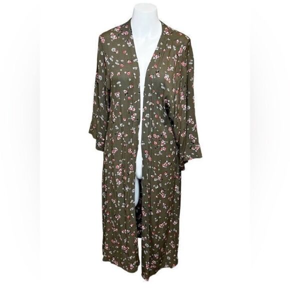 Express NWT olive green floral open front duster kimono cardigan size XS/S - Picture 1 of 14
